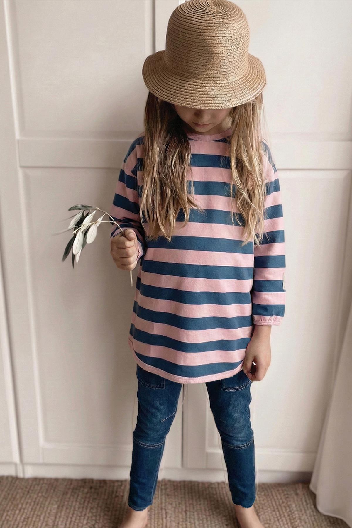 CigitTriko Çizgili Tunik 4-12 Yaş PUDRA MAVİ ÇİZGİ