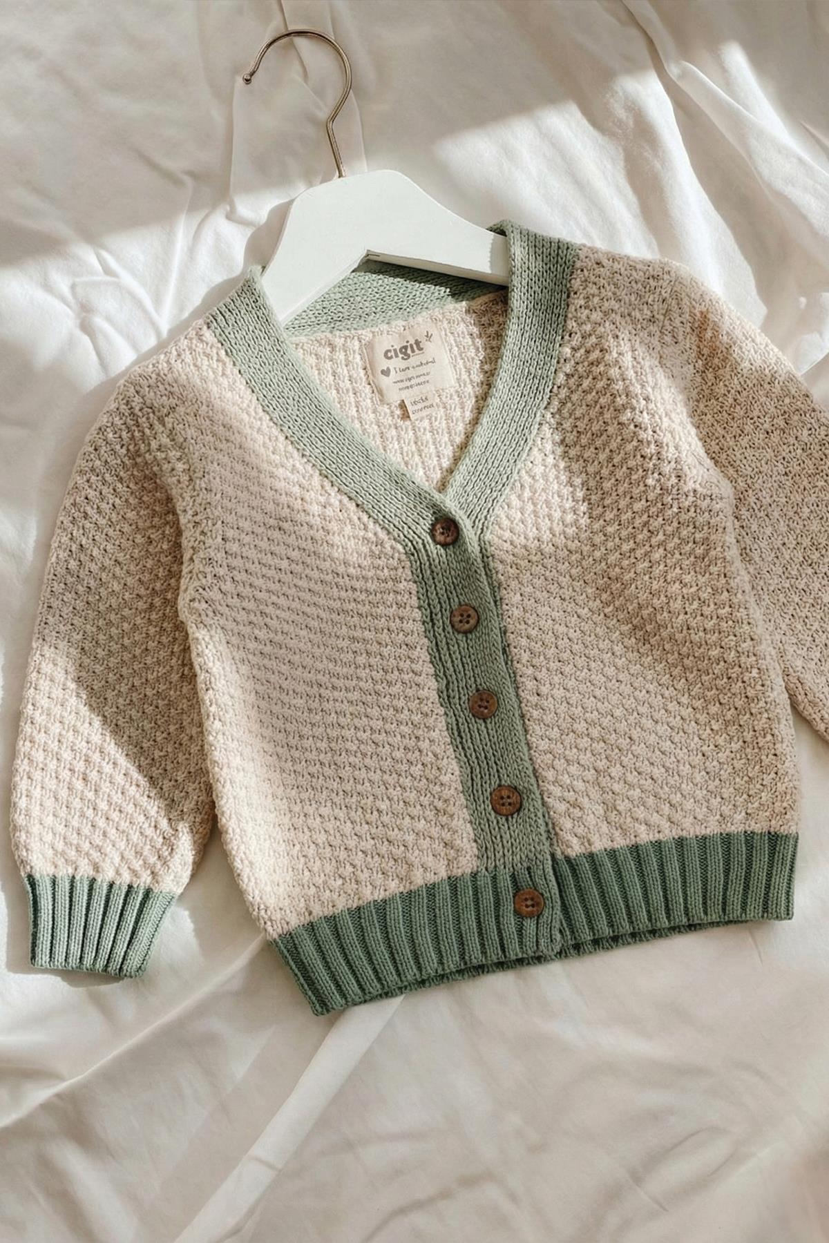 CigitTriko Düğmeli Hırka 2-8 Yaş Naturel Yeşil