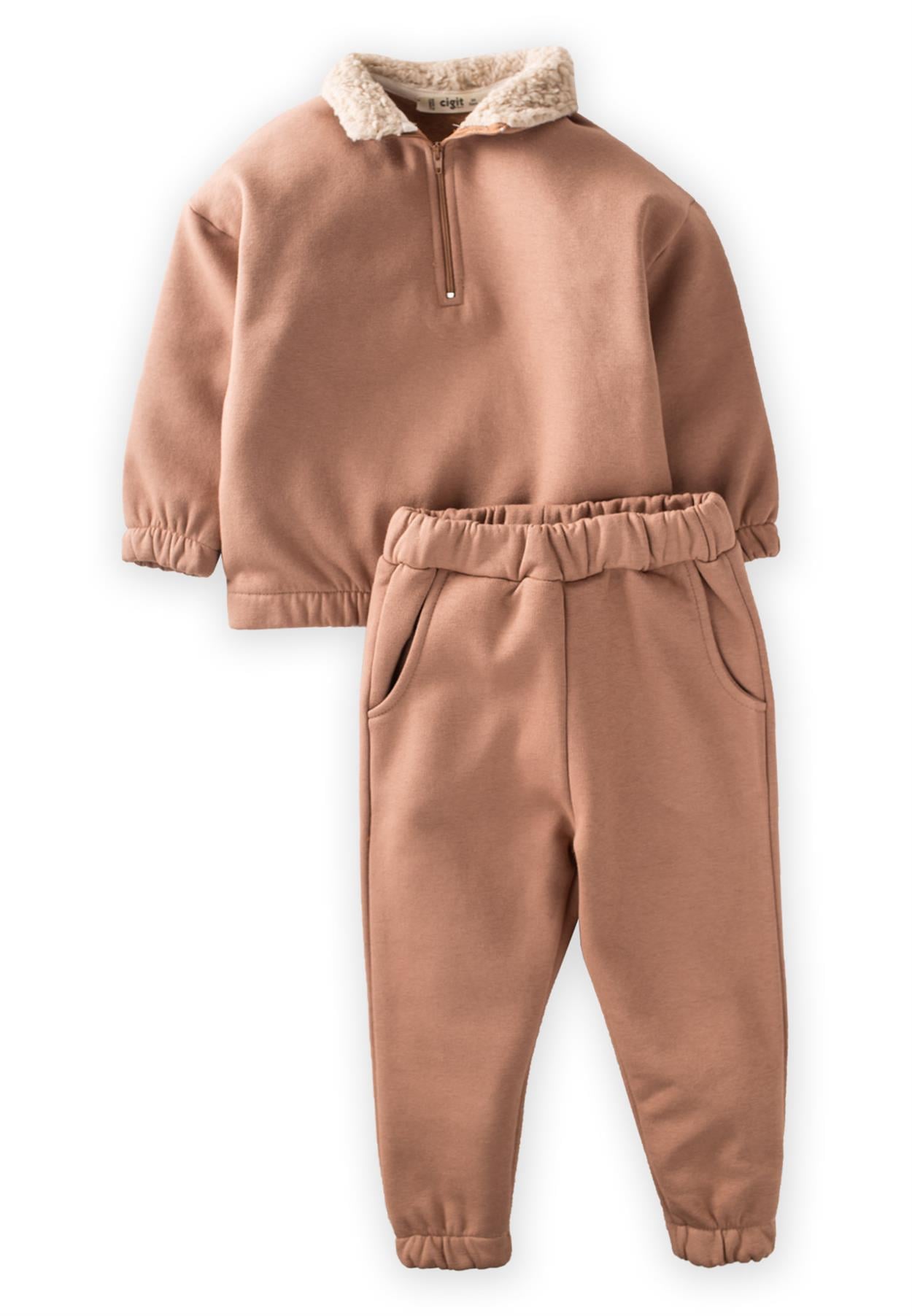 CigitYaka Garnili Sweatshirt Takım 2-8 Yaş Sütlü Kahve