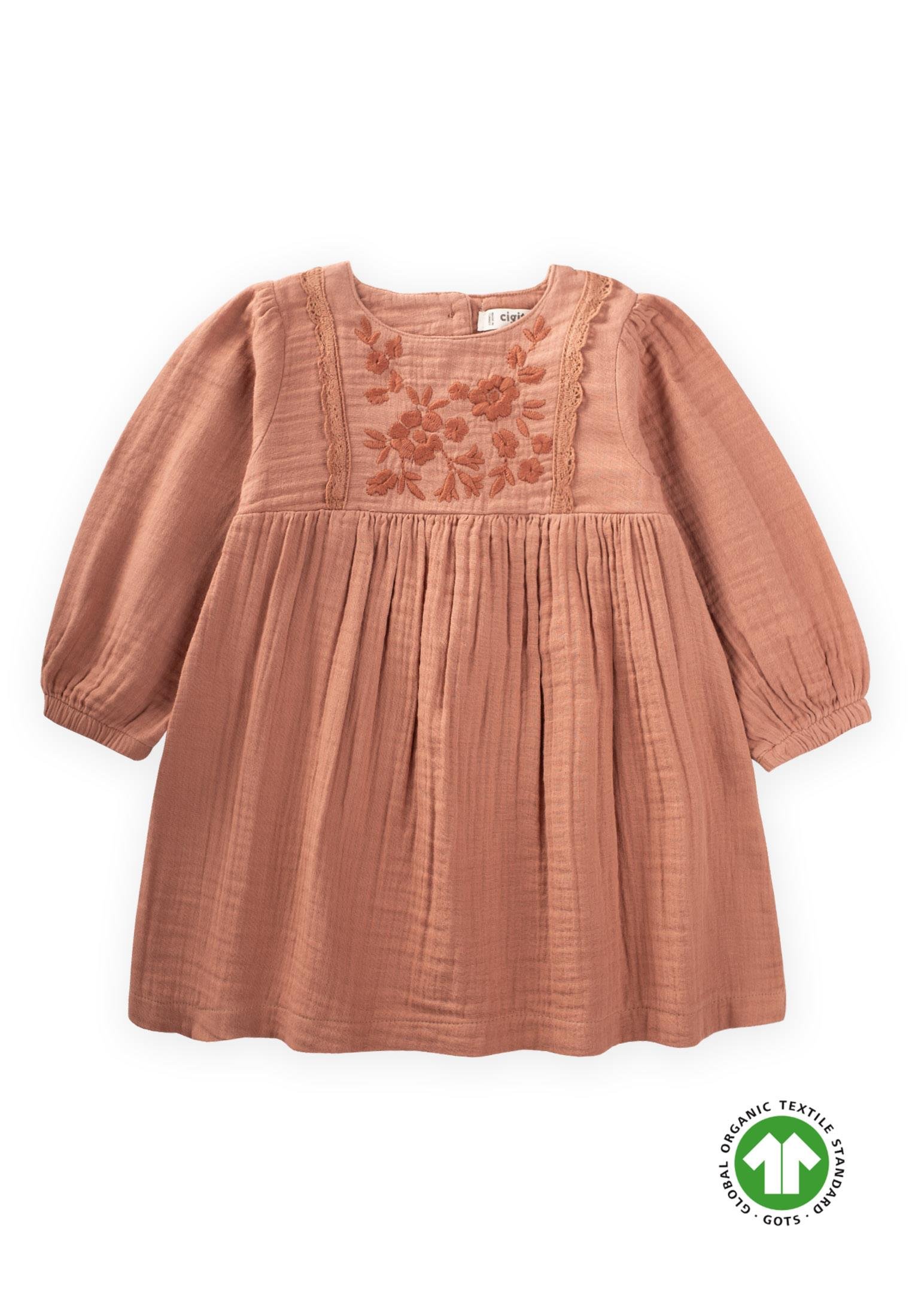 CigitOrganik Nakışlı Dantel Detaylı Müslin Elbise 1-8 Yaş A.KAHVE