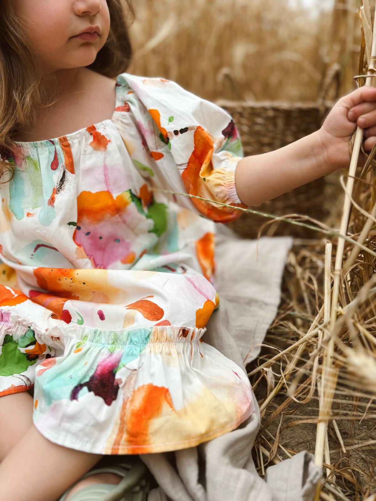 CigitElastic Poplin Dress Age 2-7 ECRU PATTERNED