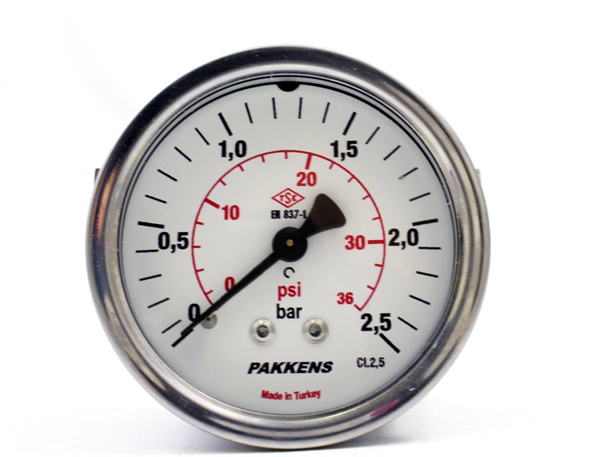 Pakkens 0-2.5 Bar 50 mm Panotipi Arkadan Bağlantılı Kuru Manometre G 1/8 inç