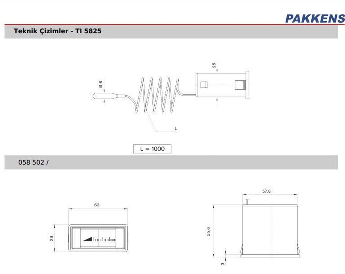 Pakkens 58x25 mm -40/+40 °C Arkadan Bağlantılı Gazlı Termometre 1mt Kapiler Boyu