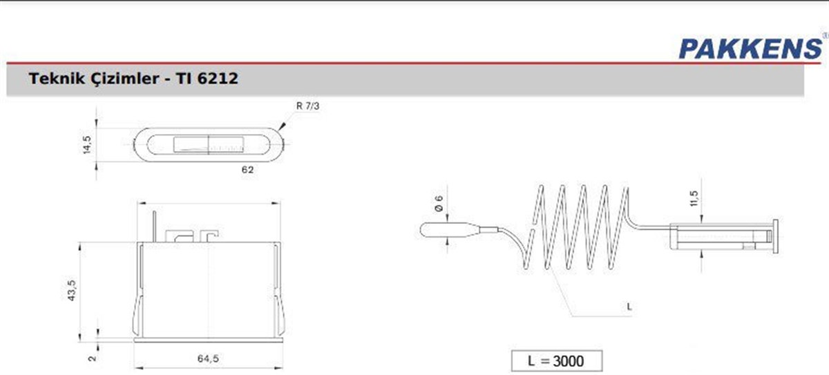 Pakkens 62x12 mm 0/+120 °C Arkadan Bağlantılı Gazlı Termometre 3mt Kapiler Boyu