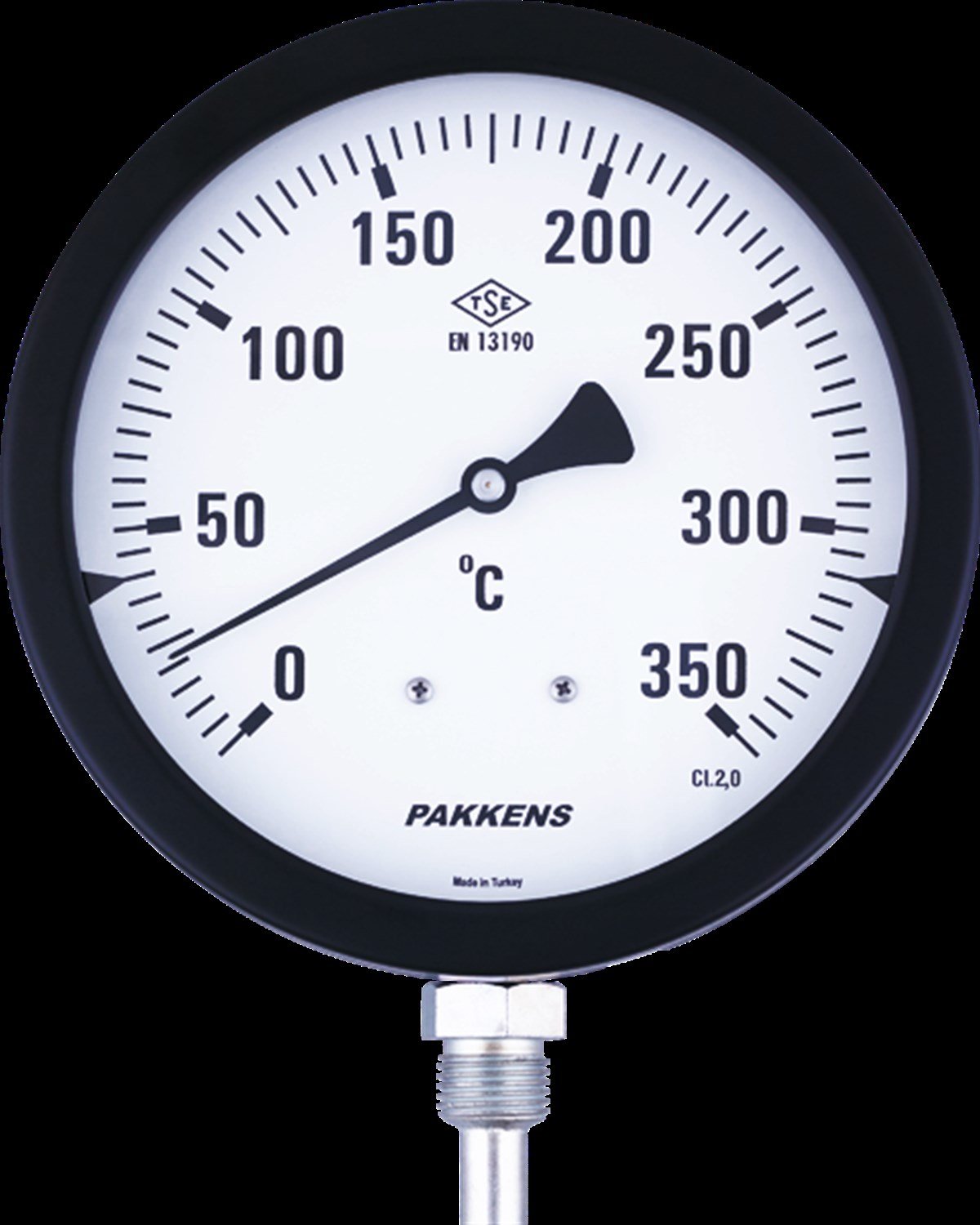 Pakkens Termometre 0-400 °C Çap 160 mm Daldırma Boyu 25 cm Alttan Bağlantılı  G 1/2 inç