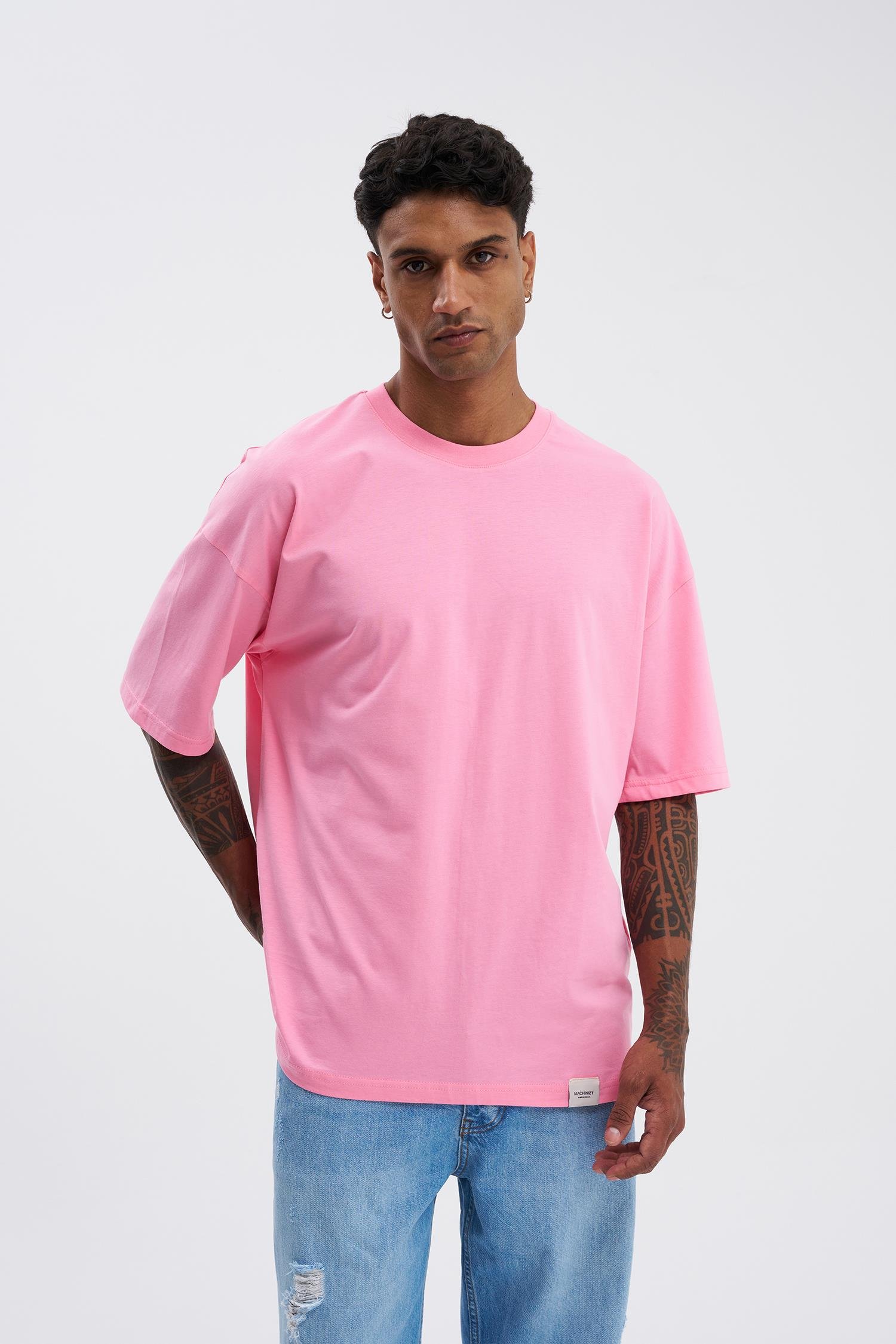 Erkek Basic Super Pamuklu Oversize Şeker Pembe Tişört