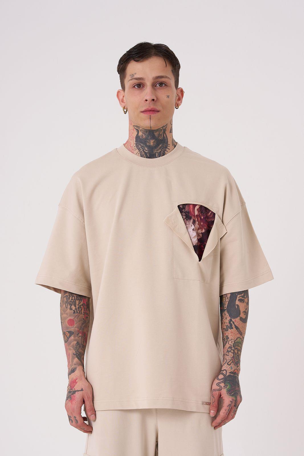 Erkek Flower Patch Baskılı Oversize Tişört SOFT BEIGE