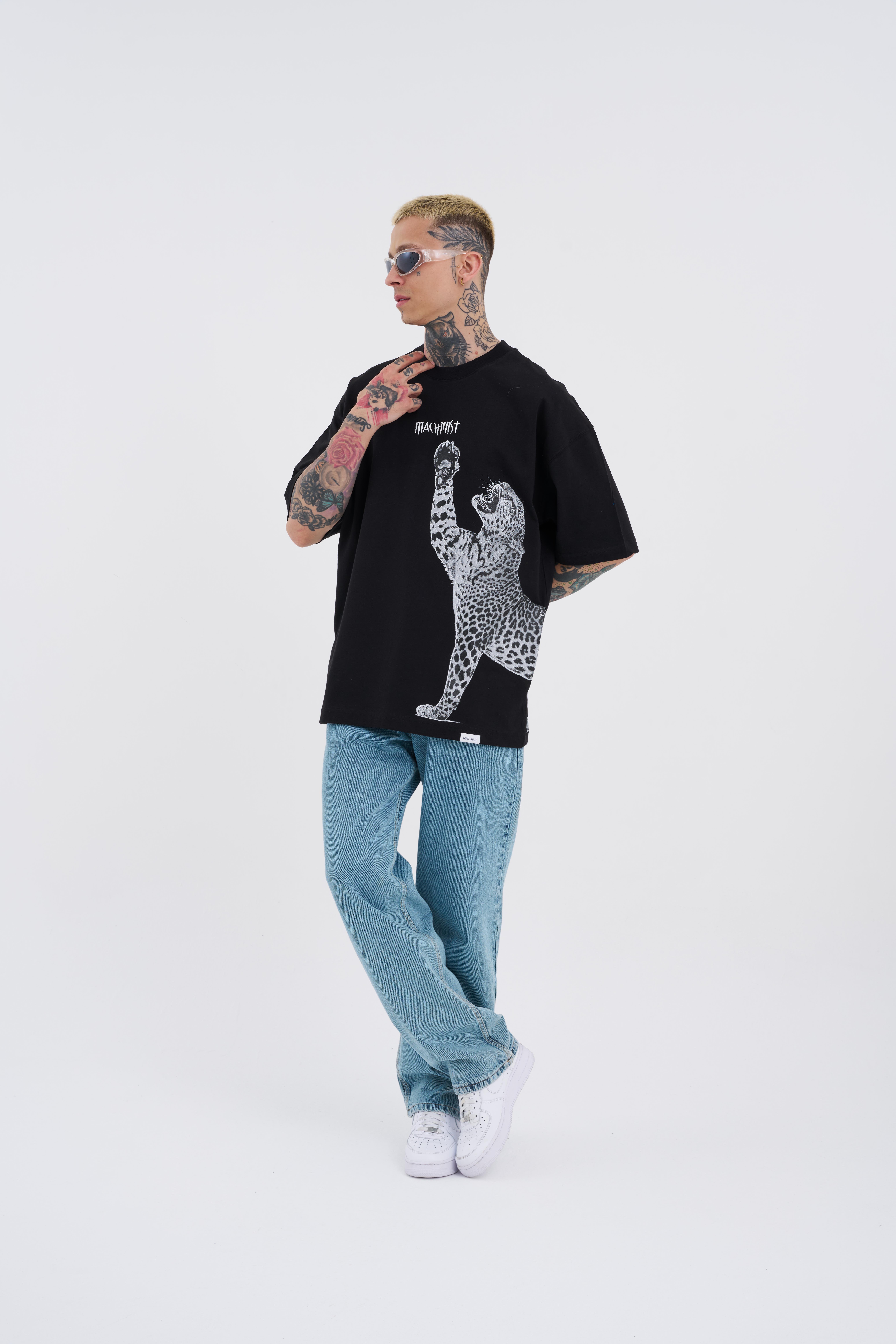 Erkek Leopard Baskılı Oversize Siyah Tişört