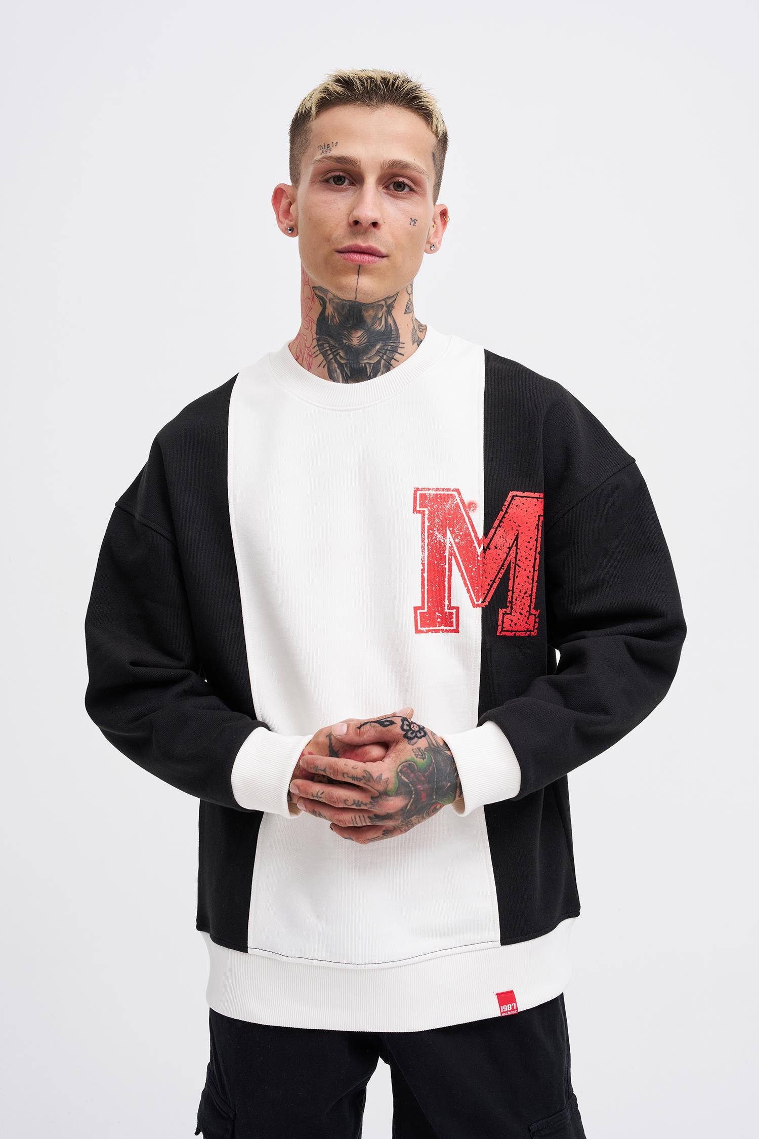 Erkek M Logo Patchwork Sweatshirt BLACK-ECRU