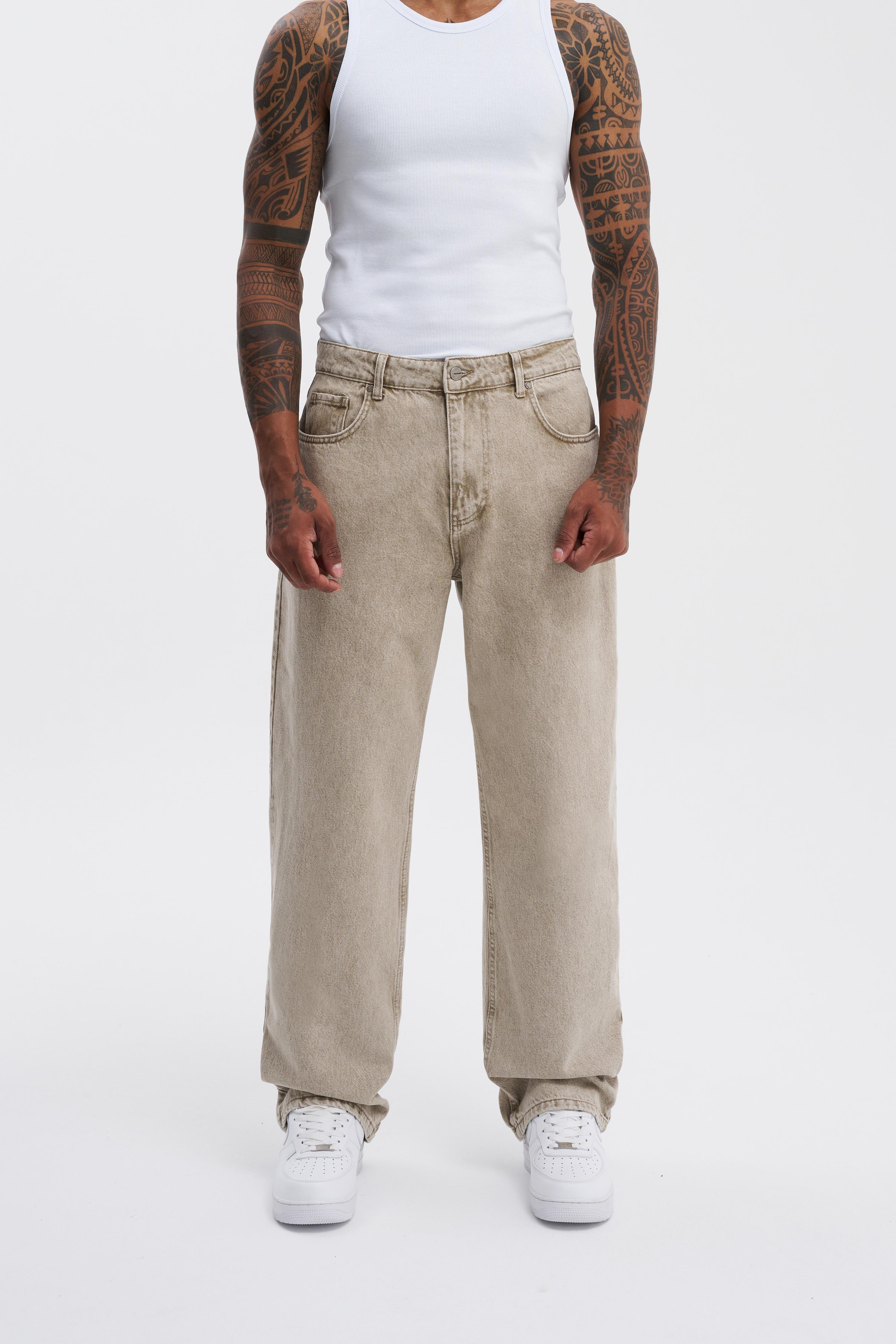 Erkek Relaxed Baggy Jean Efektli Beige Pantolon
