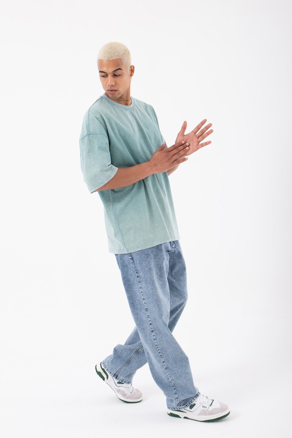Oversize Basic Yıkamalı Kumaş T-Shirt MİNT