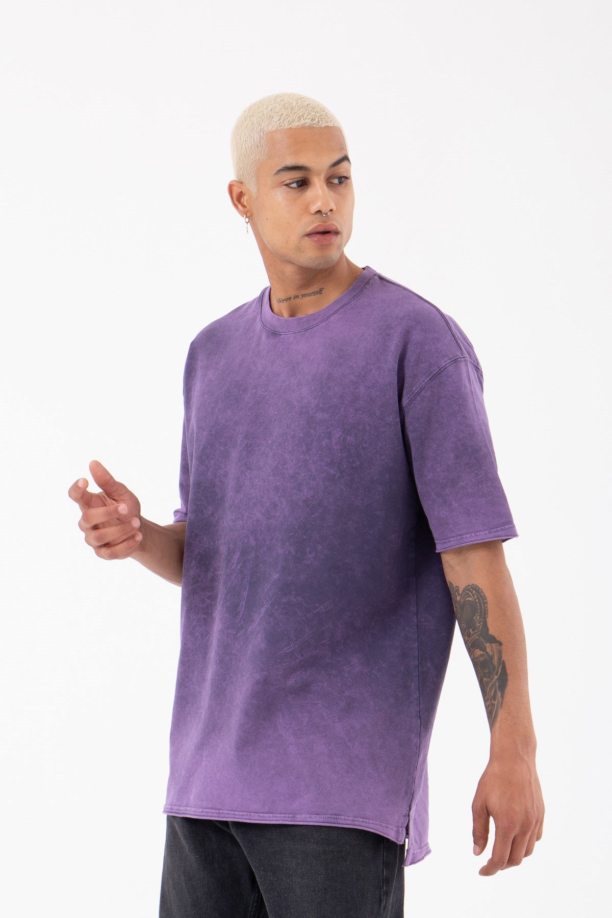 Relaxed Basic Yıkamalı Kumaş Yırtmaç Detaylı T-Shirt MOR