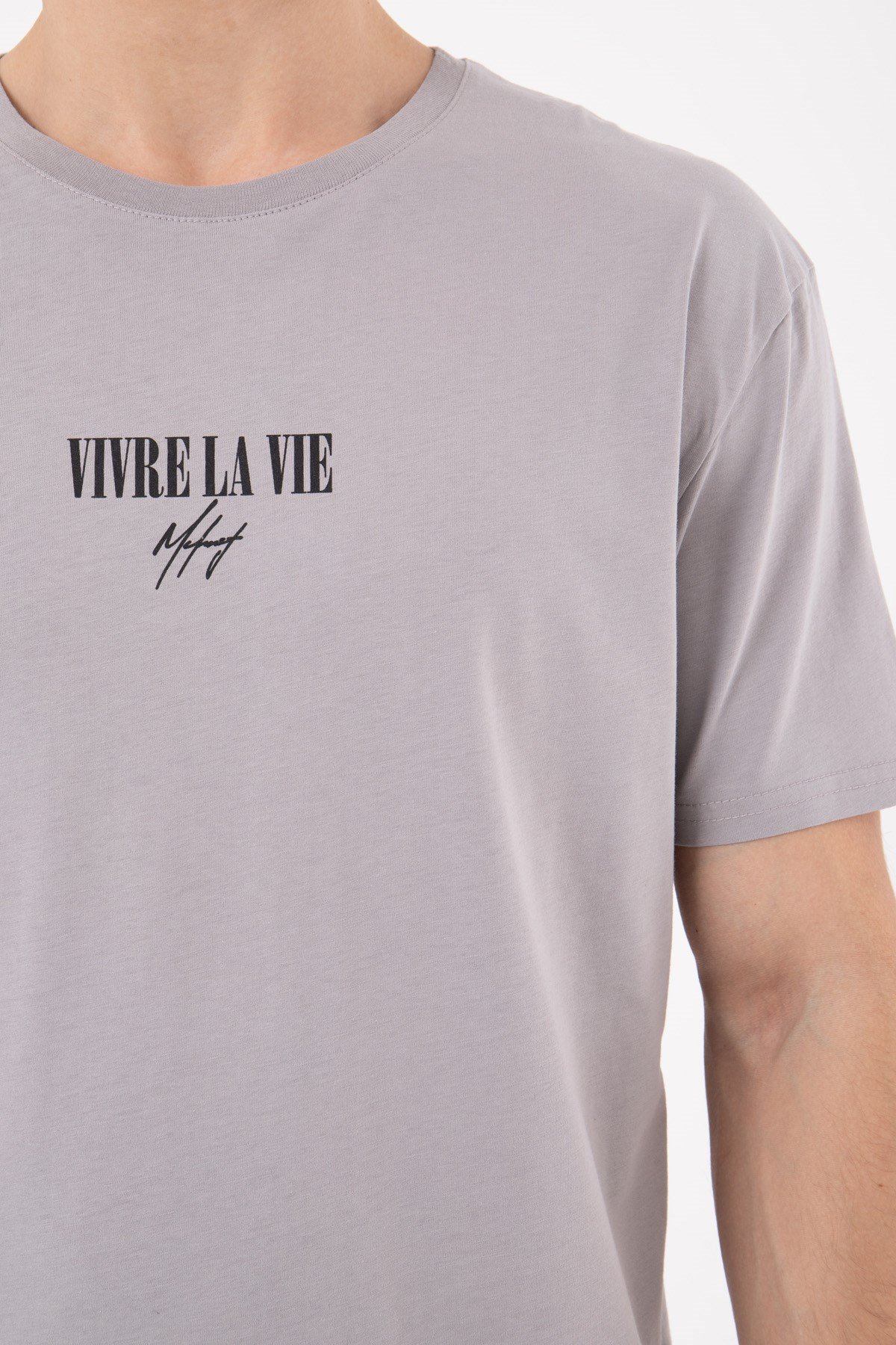 Regular Vivre La Vie Baskılı Pamuklu T-shirt ICE GRİ