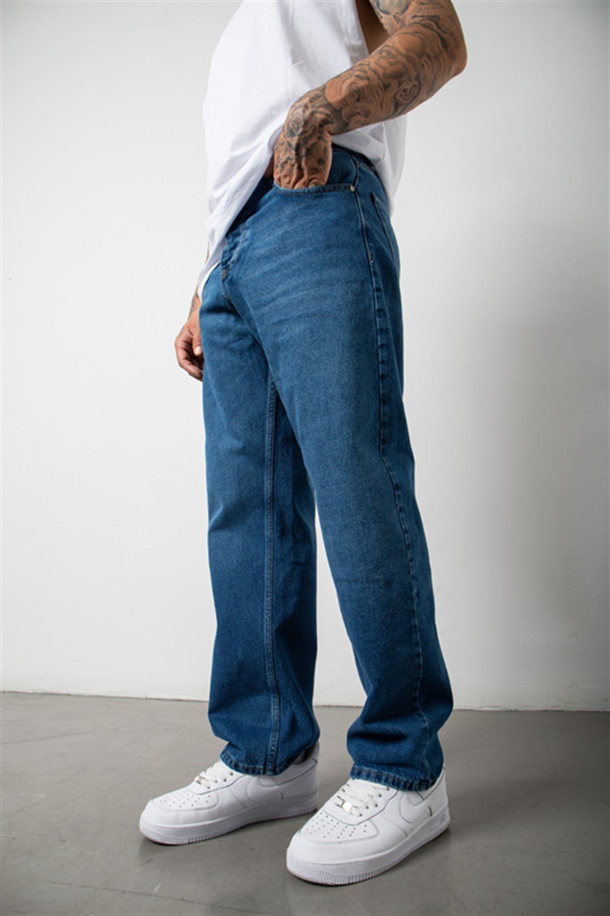 Baggy Relaxed Jean Efektli Mavi Pantolon