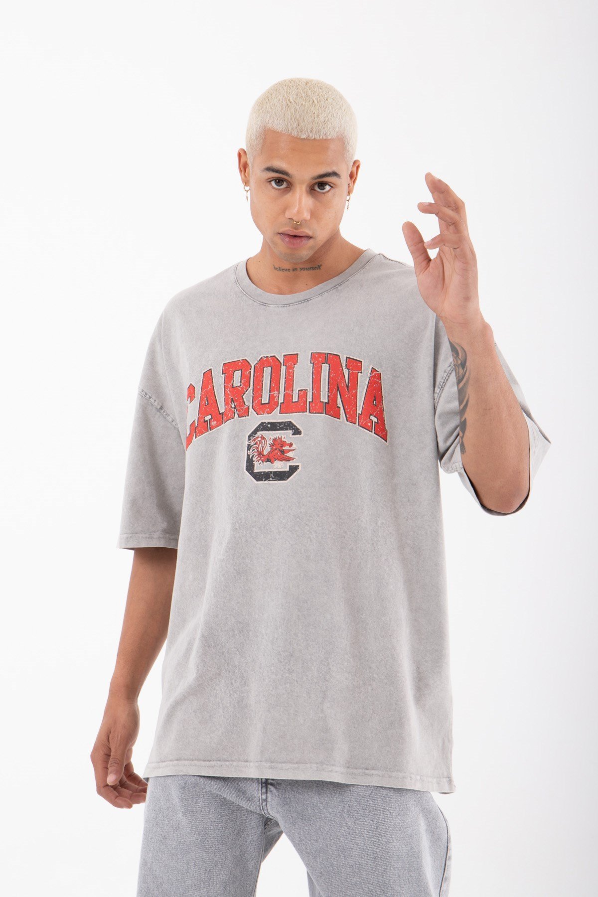 Oversize Carolina Baskılı Yıkamalı Pamuklu T-Shirt EKRU