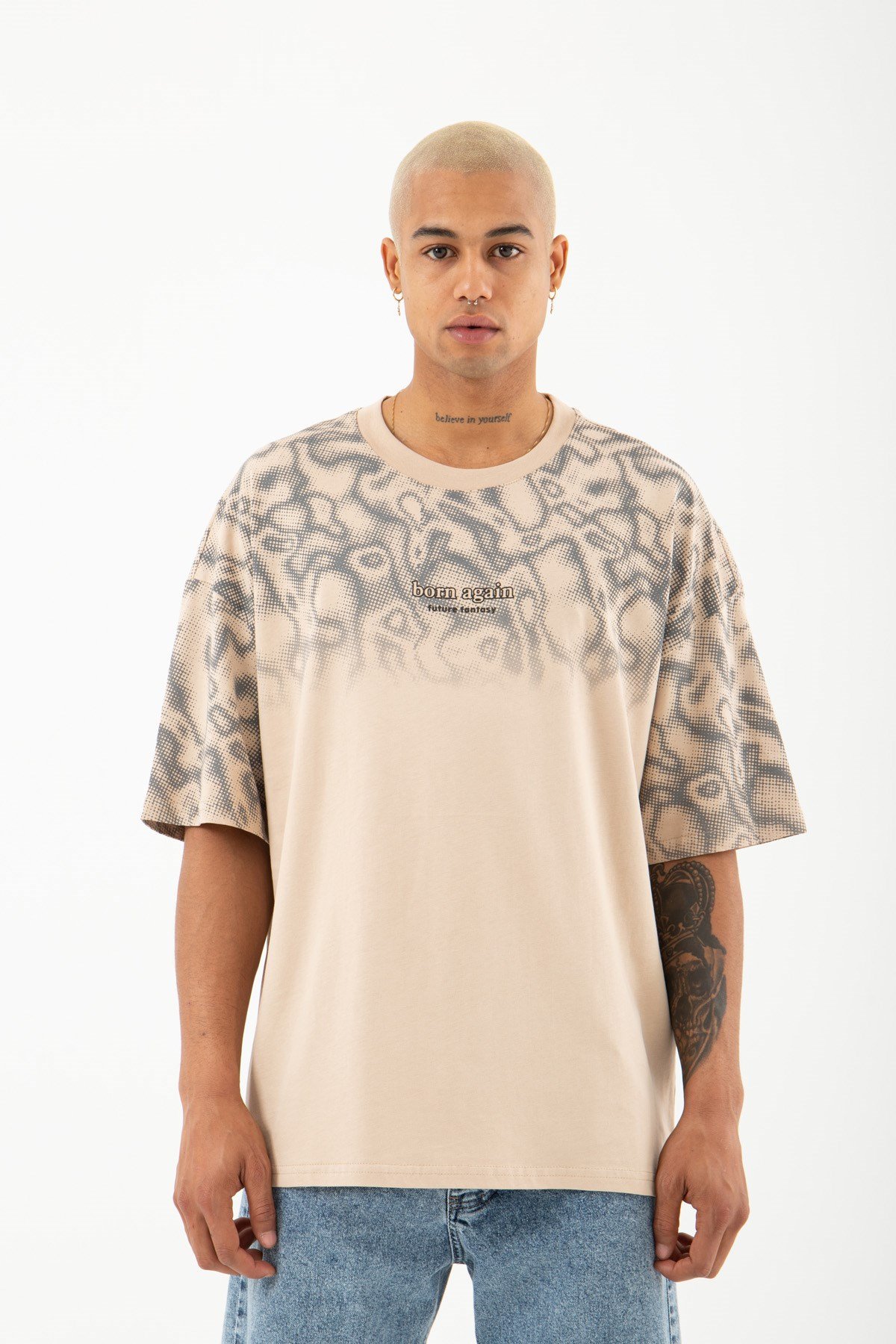 Oversize Born Agaın Future Baskılı Pamuklu T-Shirt BEJ