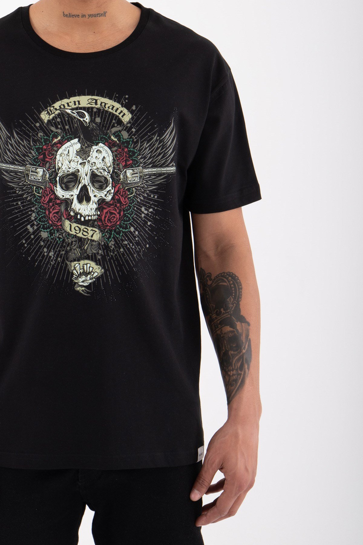 Regular Skull Baskılı Pamuklu T-Shirt SİYAH