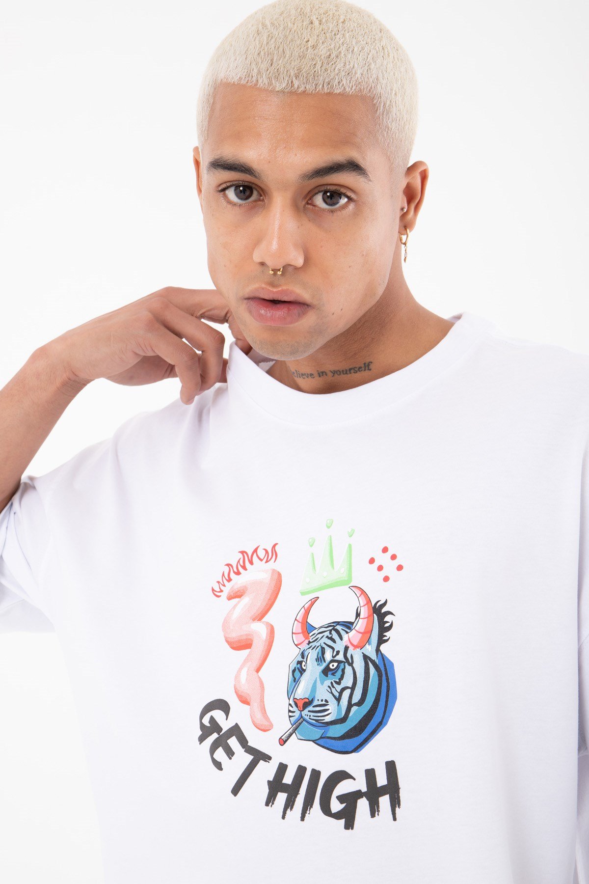 Oversize Get Hıgh Baskılı Pamuk T-Shirt BEYAZ