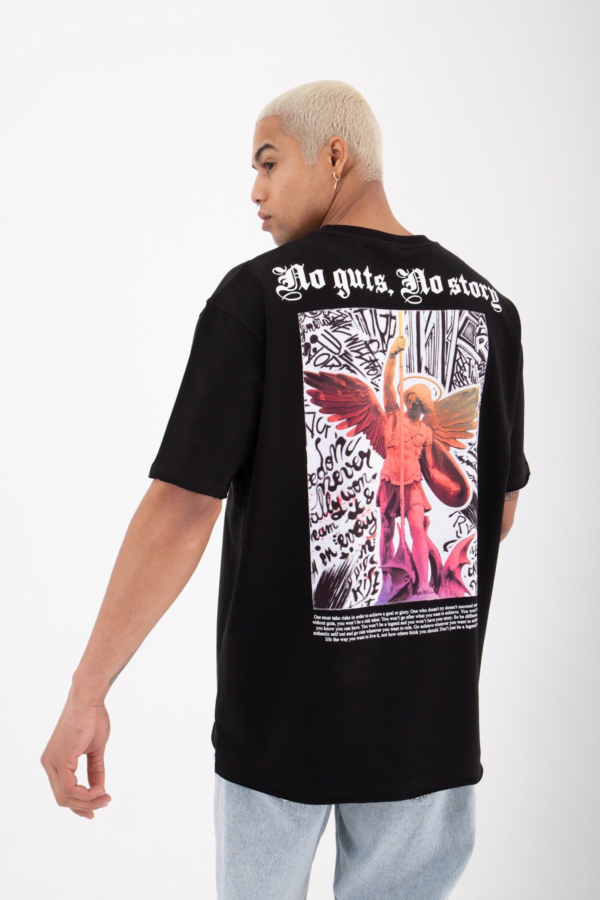 Relaxed No Guts No Story Baskılı Pamuklu T-Shirt SİYAH