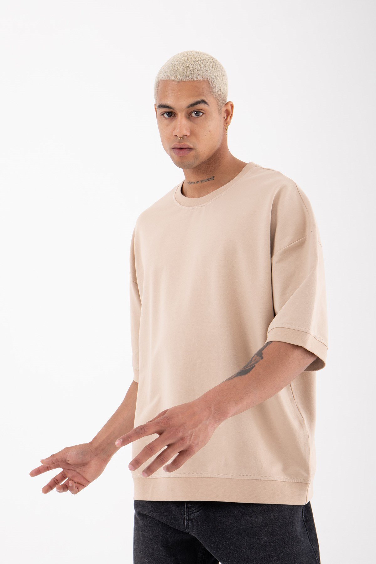 Oversize Basice Ribanalı Organik Pamuklu T-Shirt BEJ