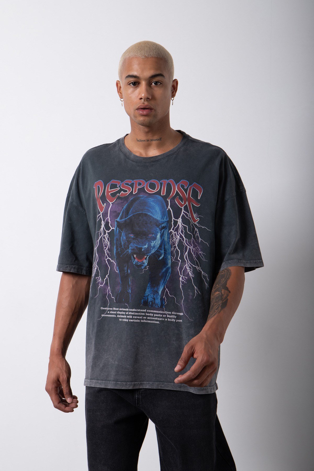 Oversize Yıkamalı Response Baskılı Pamuklu T-Shirt SİYAH