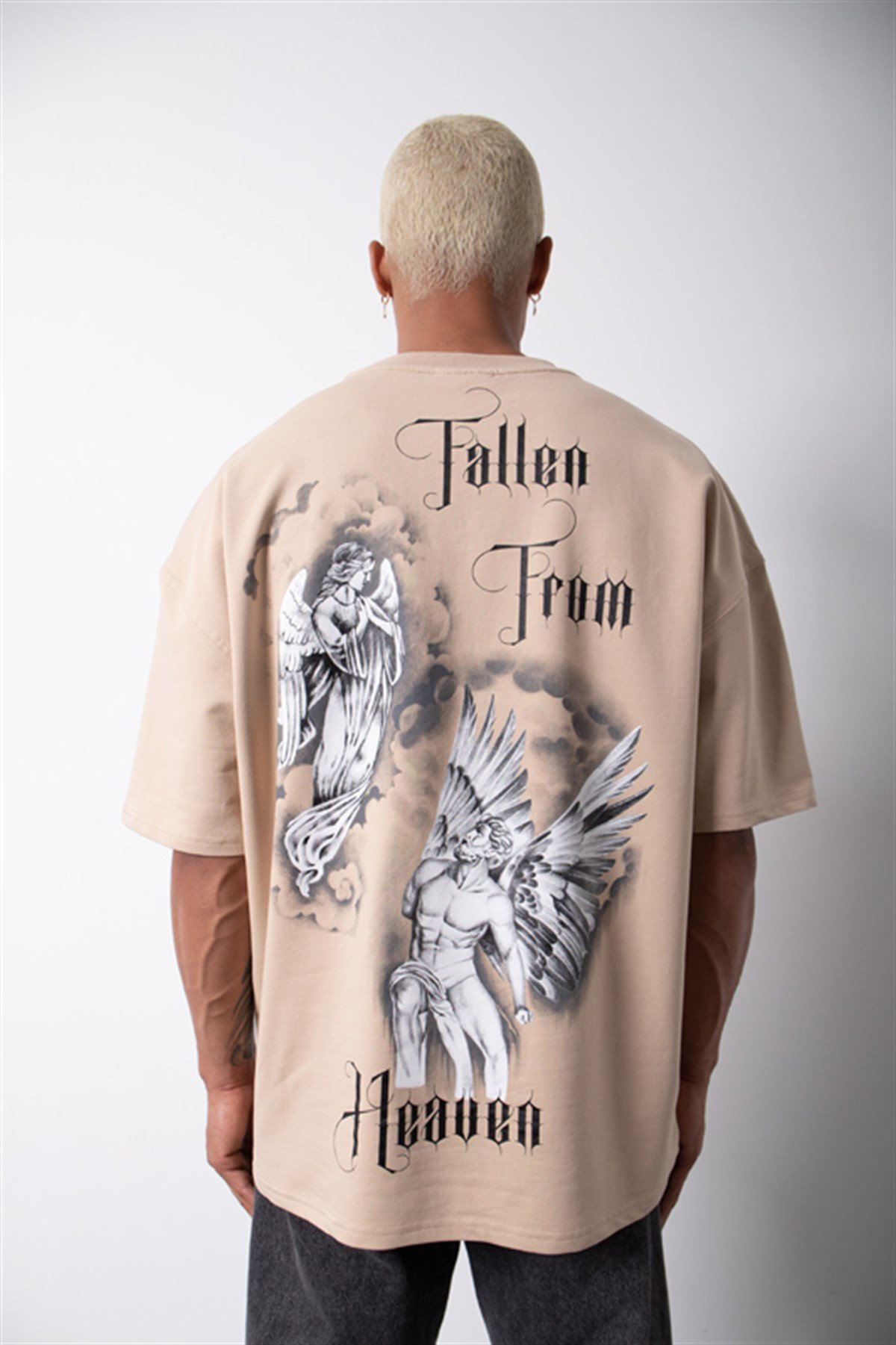 Oversize Heaven Baskılı Organik Pamuklu T-Shirt BEJ
