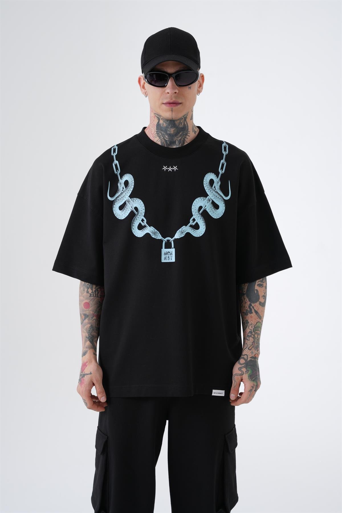 OVERSIZE CHAIN SNAKE BASKILI T-SHIRT SİYAH