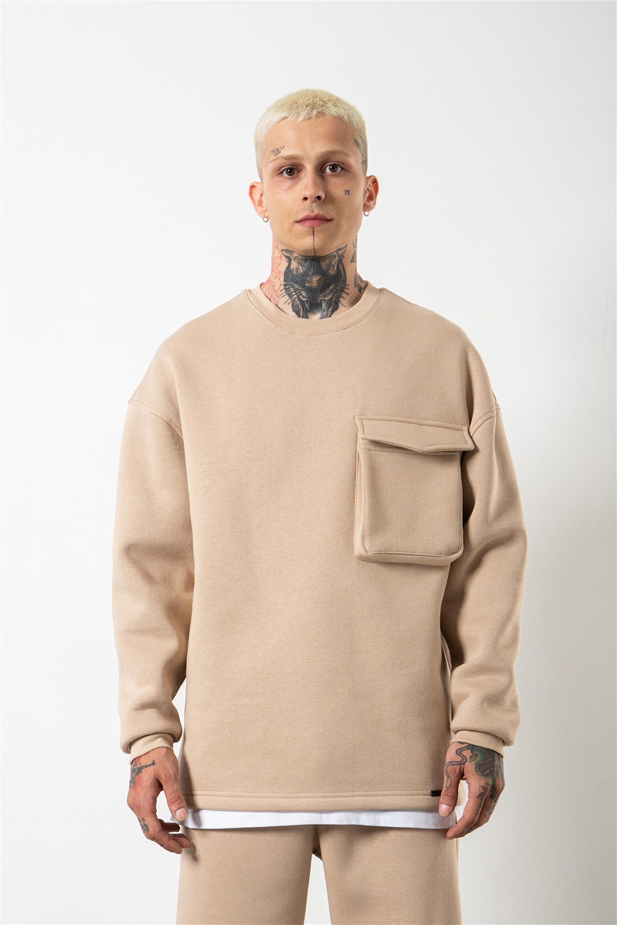 Süper Oversize Cepli Bisiklet Yaka Basic Sweatshirt BEJ