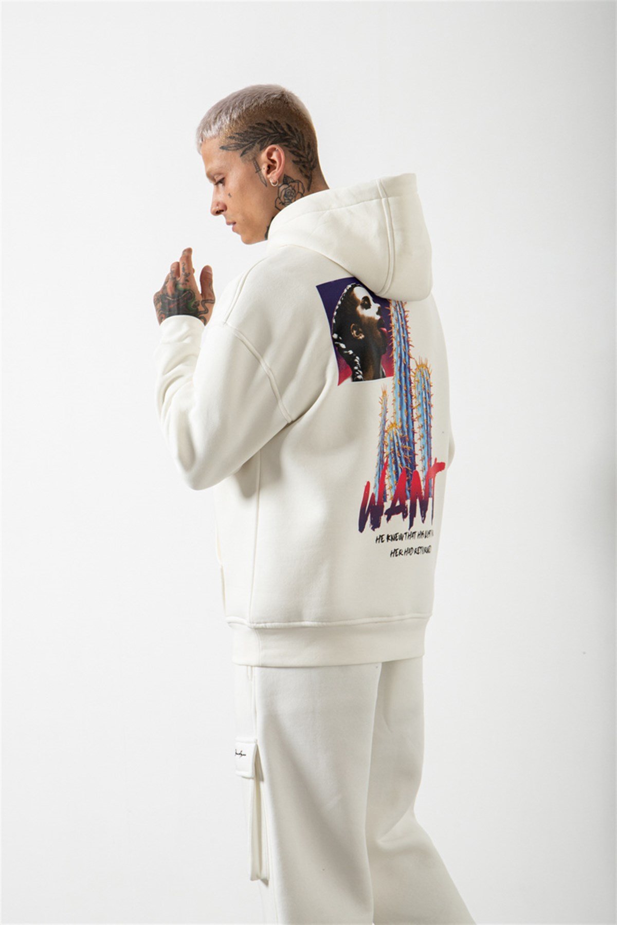 Oversize Want Baskılı Kapüşonlu Sweatshirt EKRU