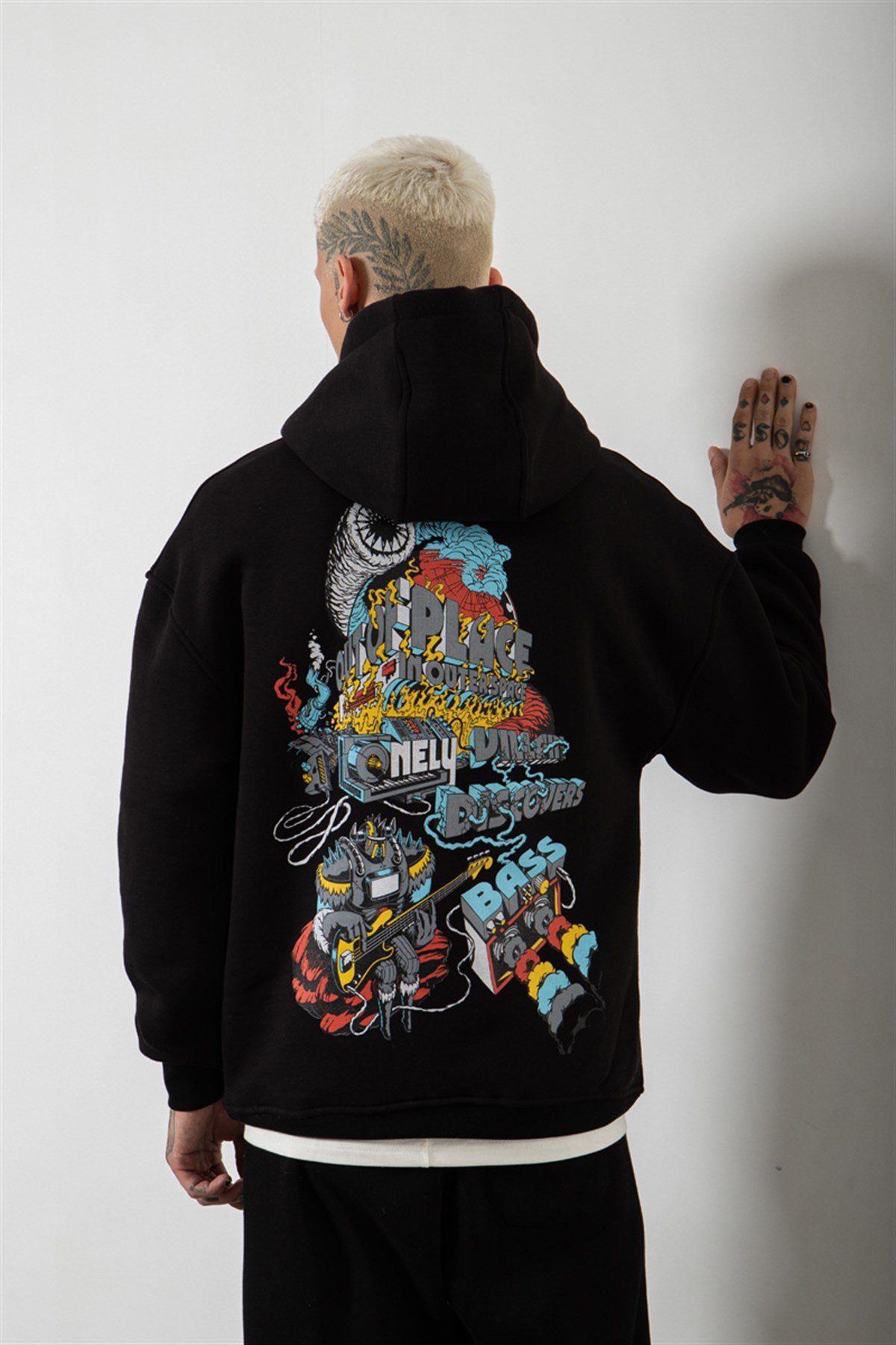 Oversize Discovers Baskılı Kapüşonlu Sweatshirt SİYAH