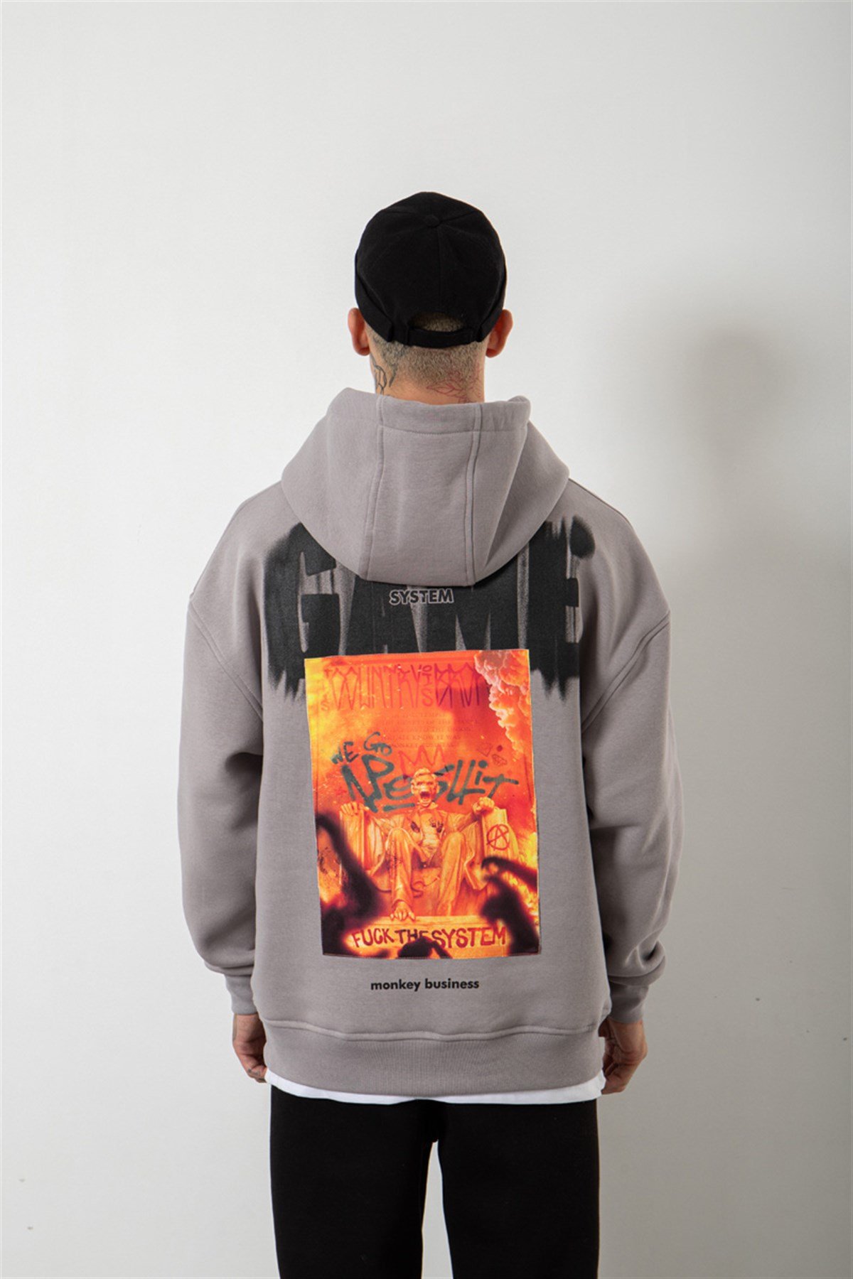 Oversize Game System Baskılı Kapüşonlu Sweatshirt ICE GRİ