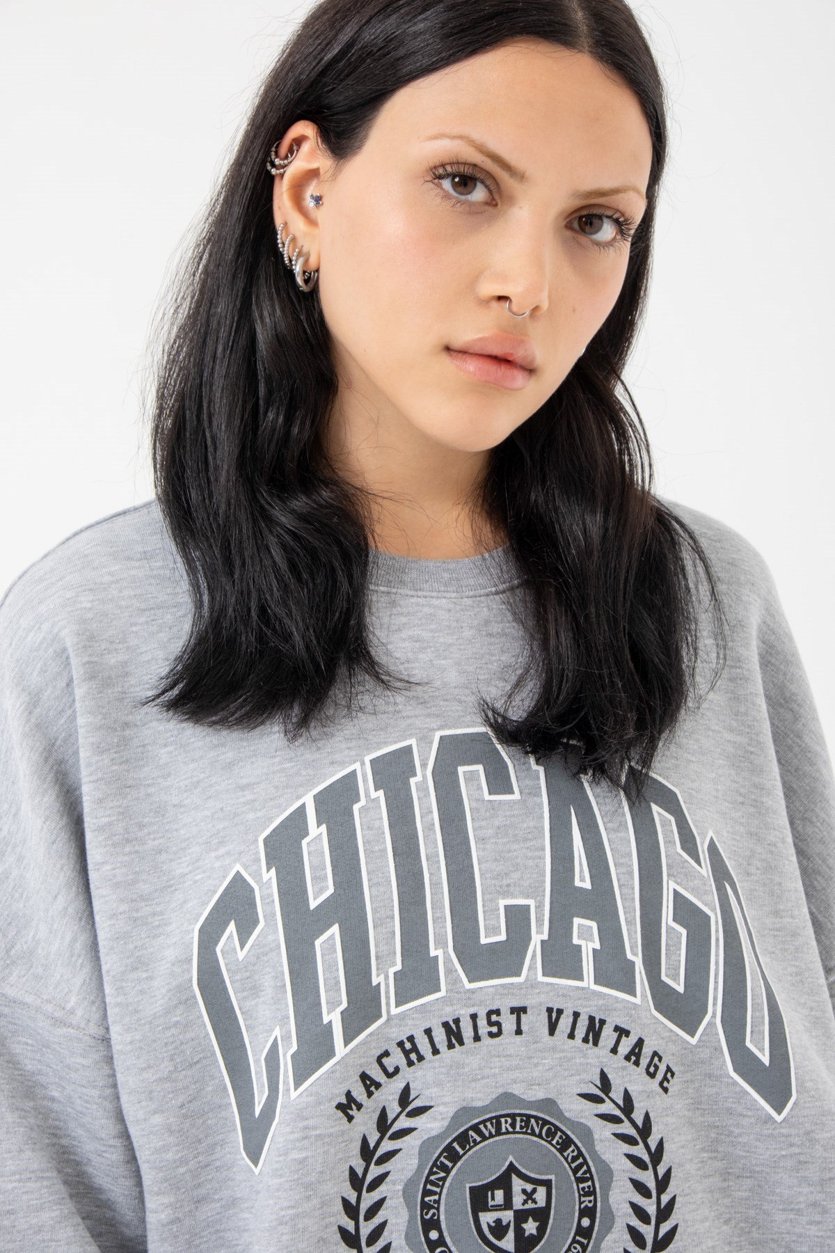 Oversize Chicago Şardonsuz Gri Melanj Kadın Sweatshirt
