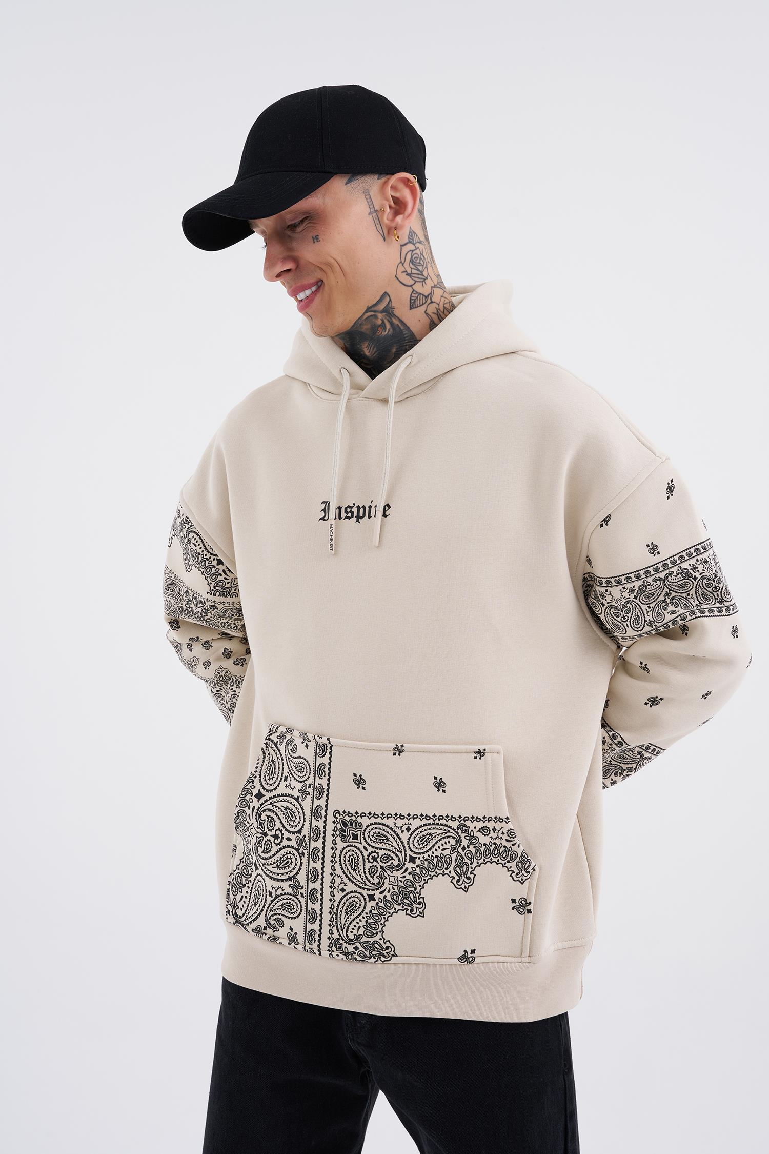 Oversize Inspıre Baskılı Kapüşonlu Sweatshirt DUMAN