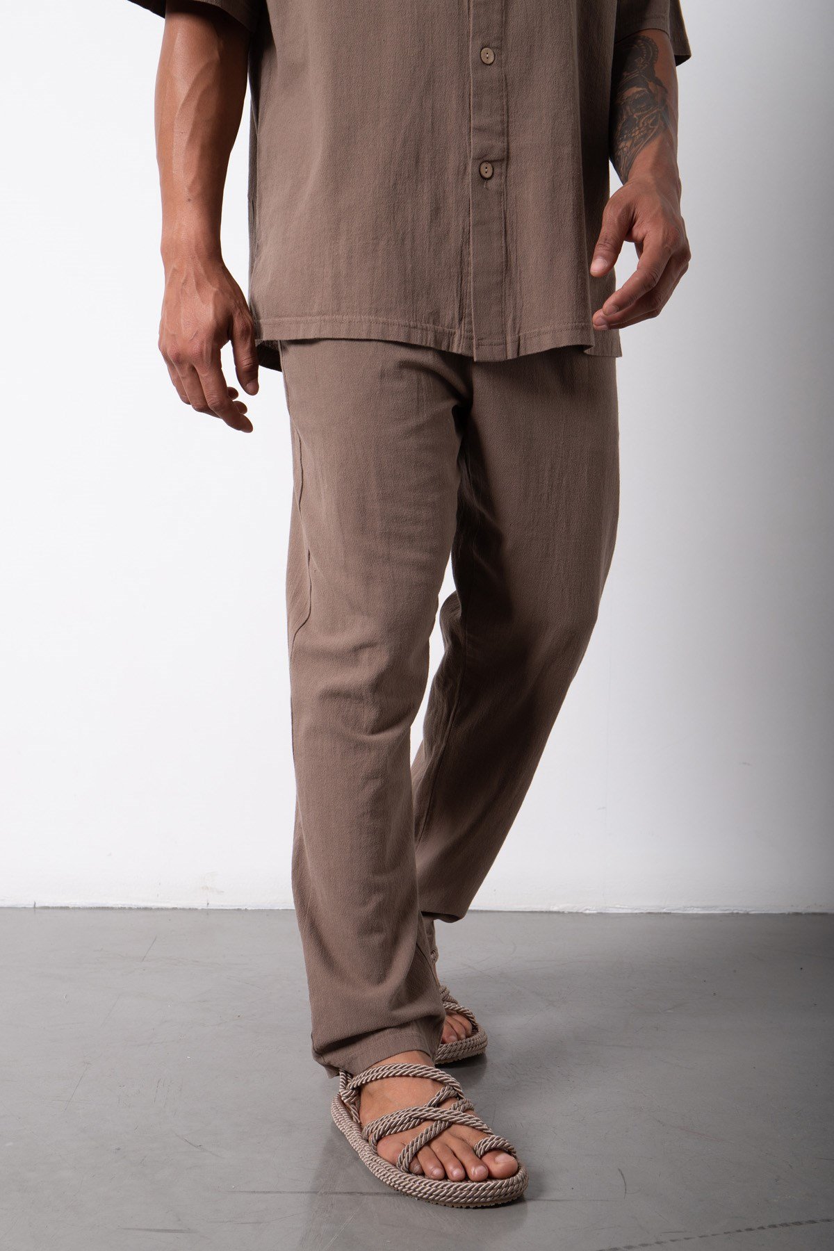 Relaxed Beli Lastikli Keten Pantolon CAMEL