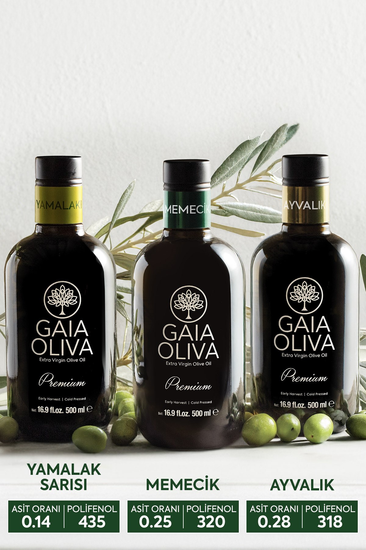 3lü Premium Ayvalık, Premium Memecik ve Premium Yamalak Sarısı 500 ml Erken Hasat Natürel Sızma Zeytinyağı