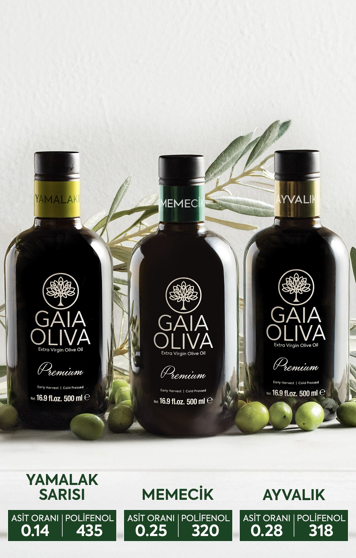 3lü Premium Ayvalık, Premium Memecik ve Premium Yamalak Sarısı 500 ml Erken Hasat Natürel Sızma Zeytinyağı