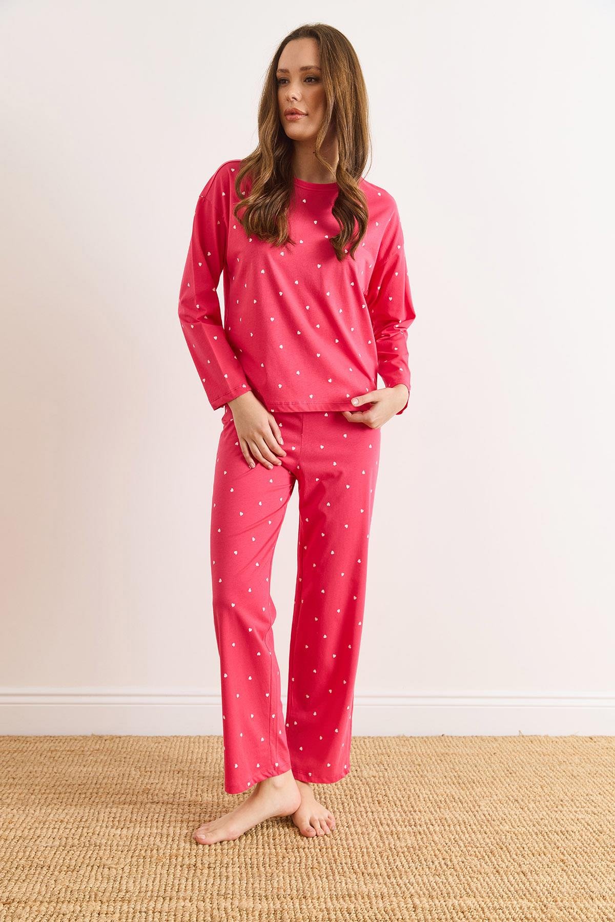 %100 Pamuk Uzun Kollu Pijama Takımı Fuşya Kalp
