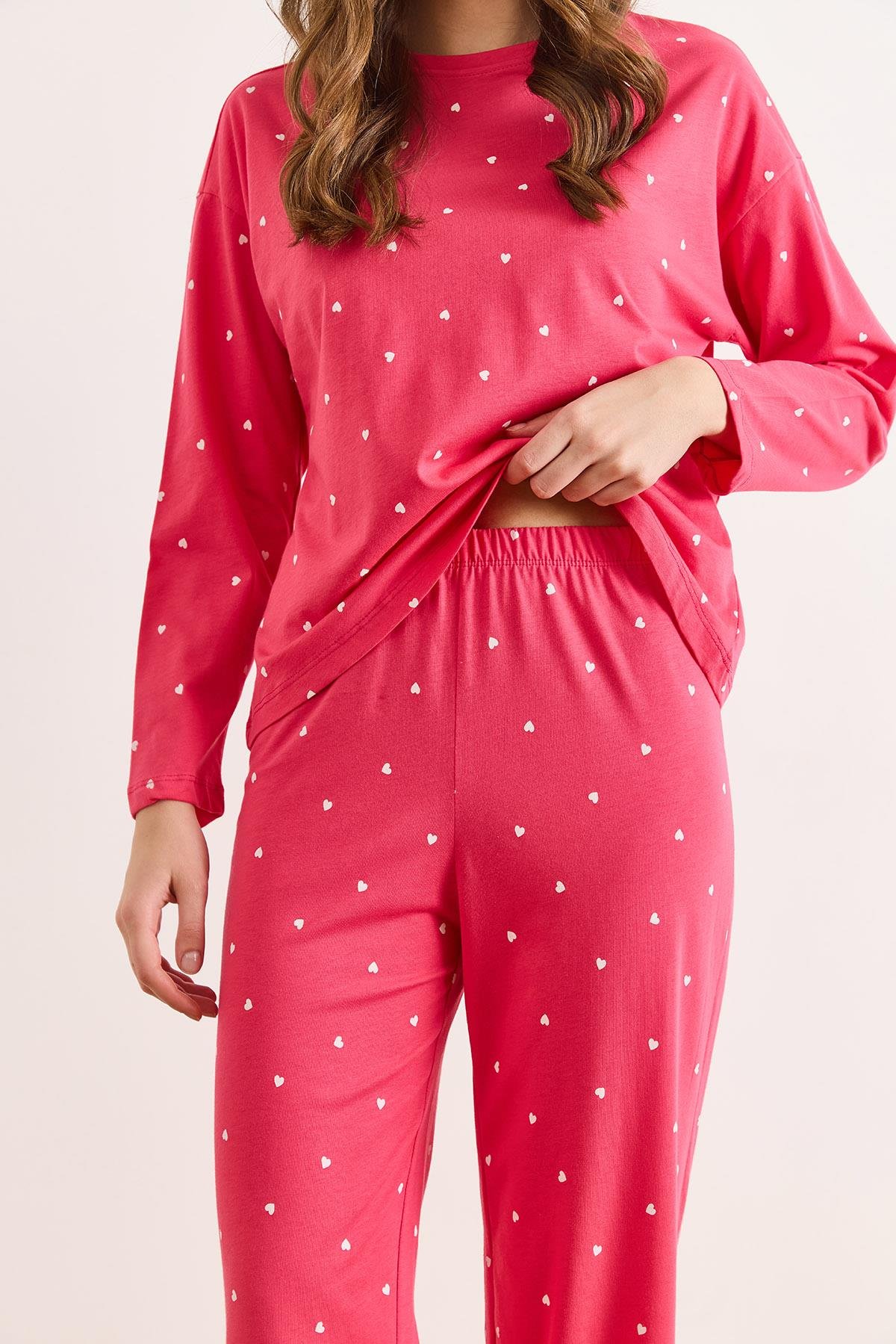 %100 Pamuk Uzun Kollu Pijama Takımı Fuşya Kalp