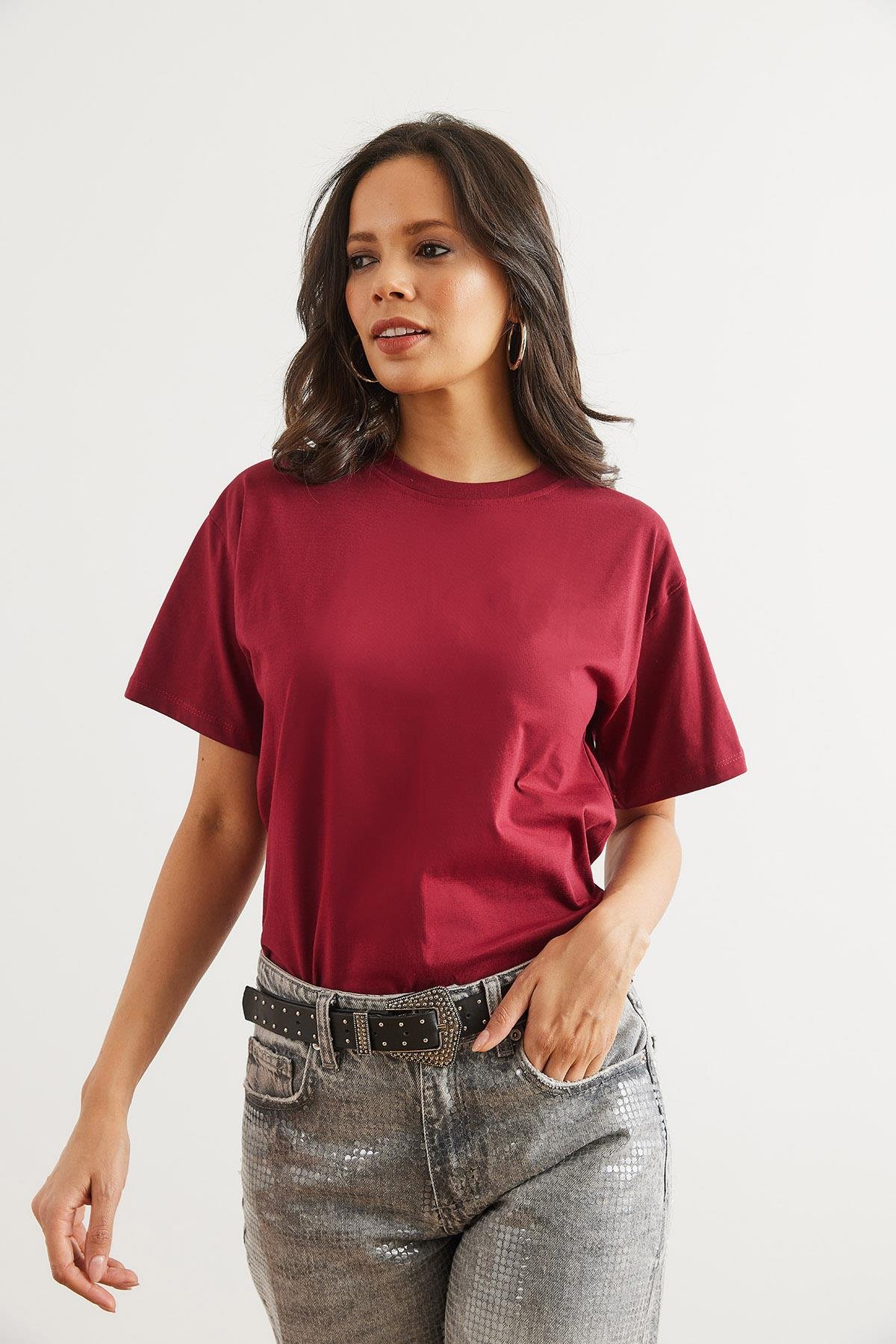 2 li Pamuk Regular Fit Tişört Bordo Lacivert