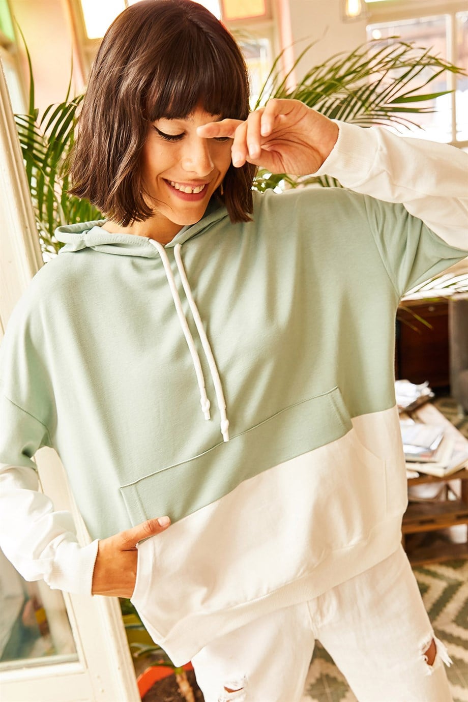 2 Renkli Oversize Sweatshirt Mint Yeşili
