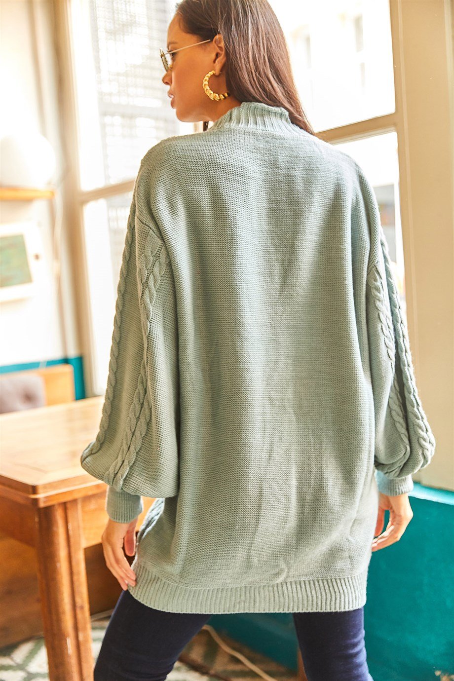 5 Düğmeli Saç Örgü Oversize Uzun Hırka Mint Yeşili