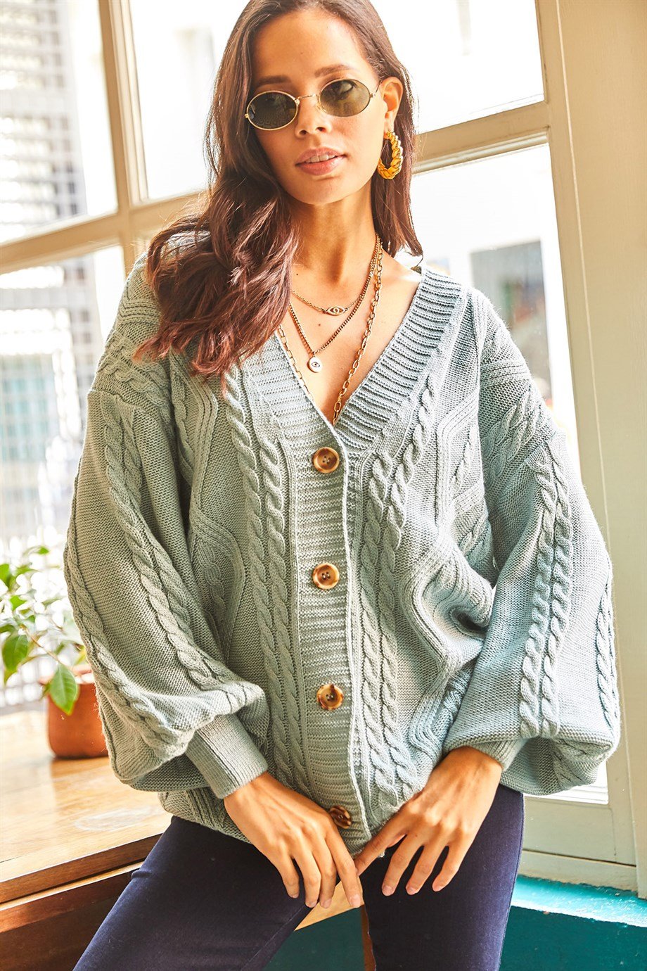 5 Düğmeli Saç Örgü Oversize Uzun Hırka Mint Yeşili