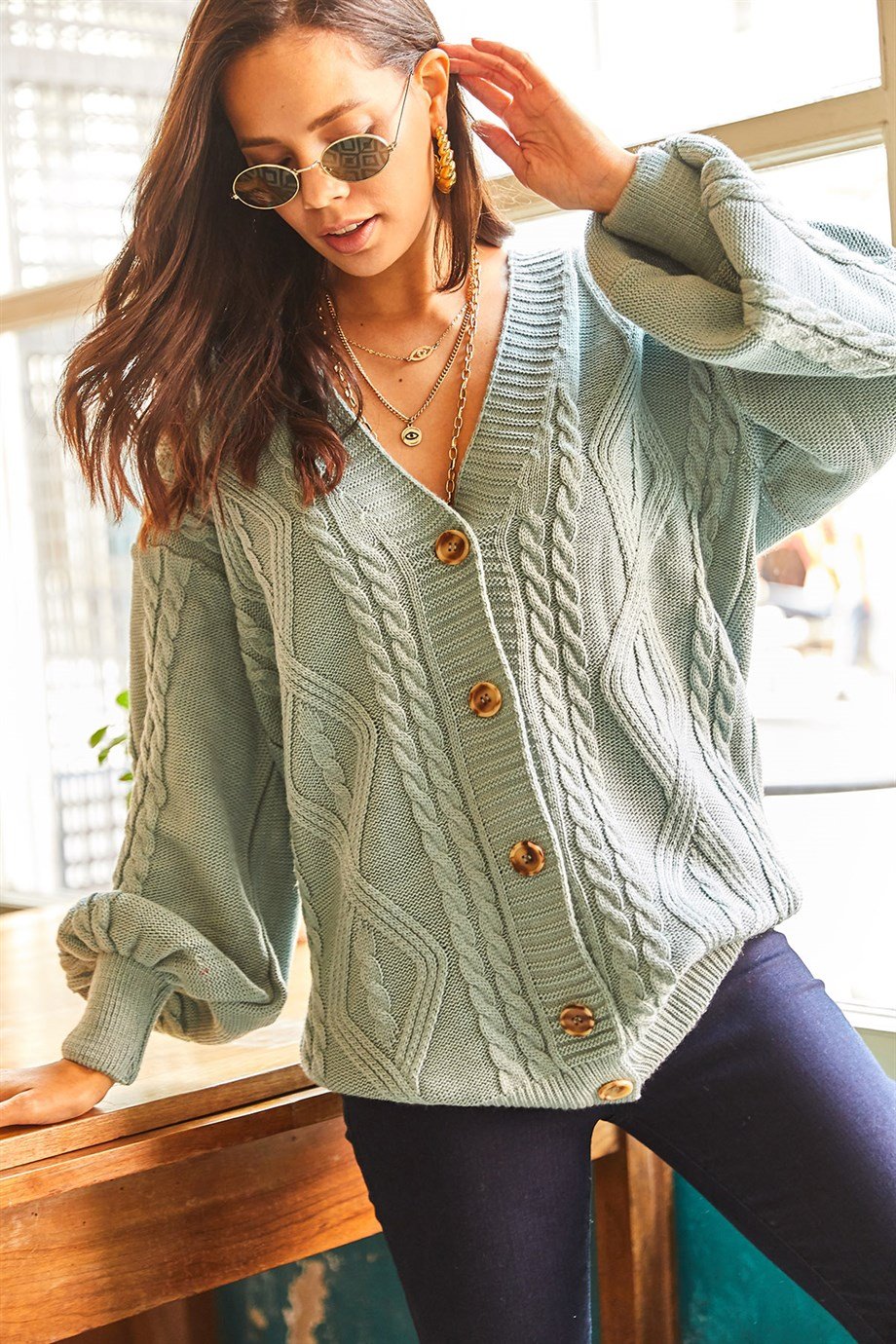 5 Düğmeli Saç Örgü Oversize Uzun Hırka Mint Yeşili