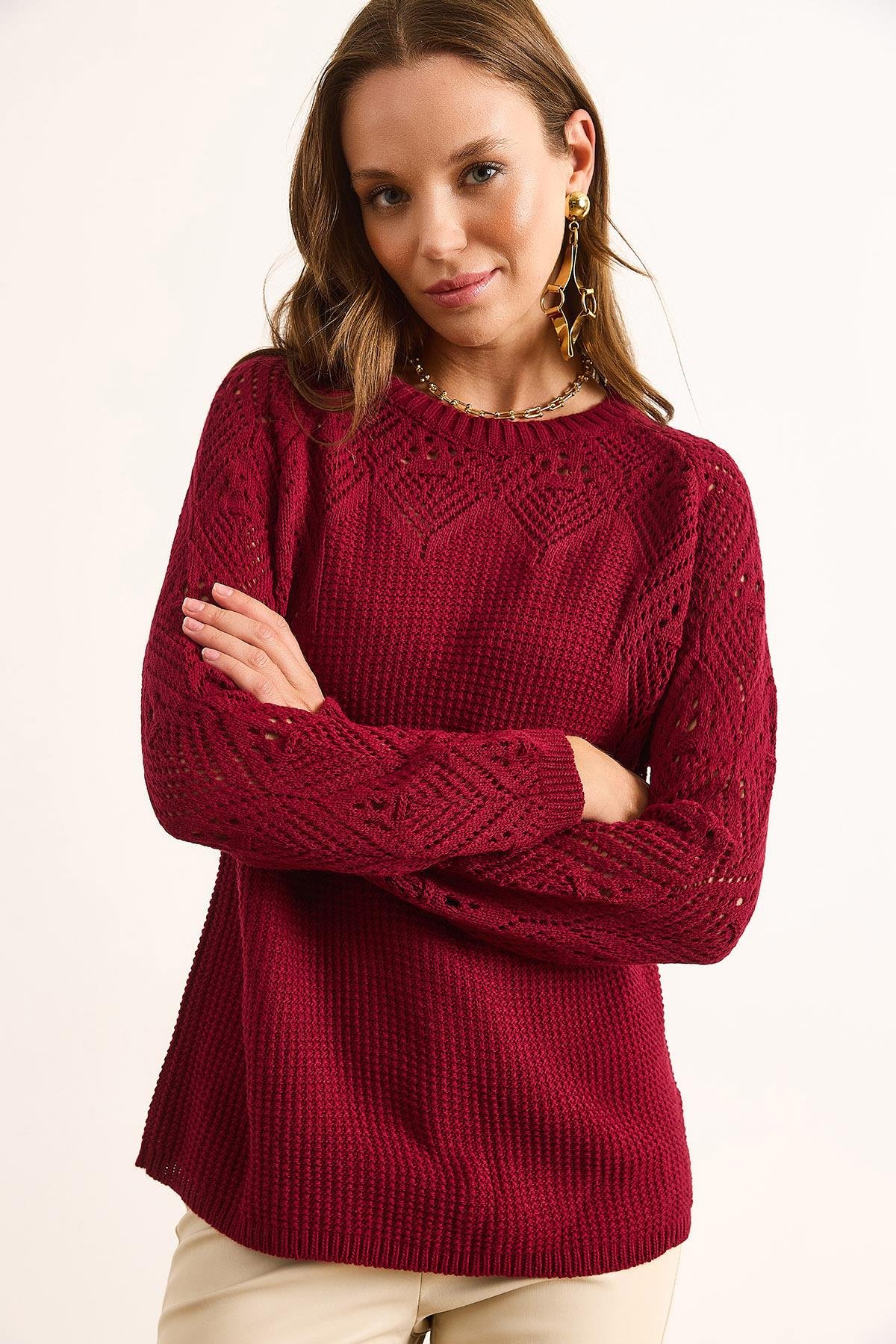 Ajur Detaylı Triko Bluz Bordo