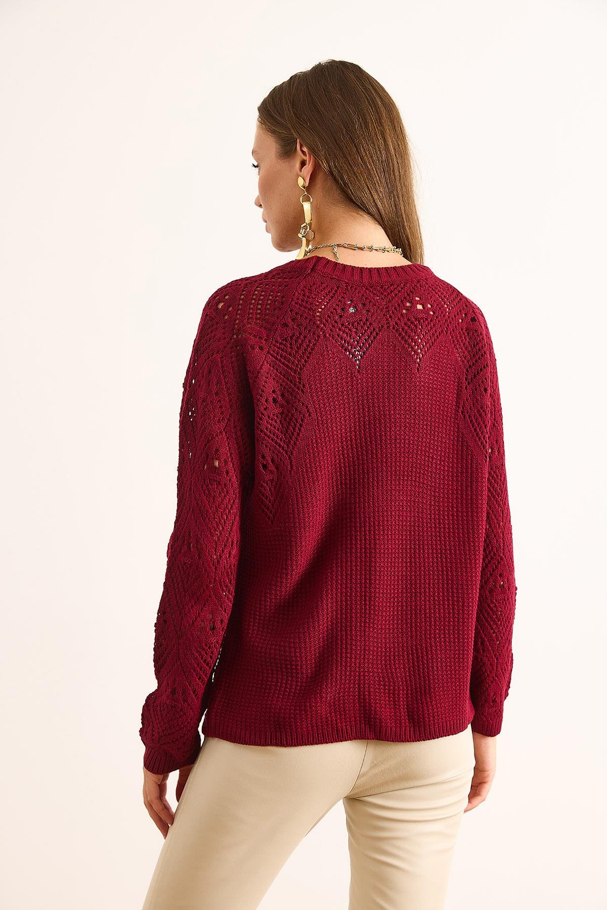 Ajur Detaylı Triko Bluz Bordo