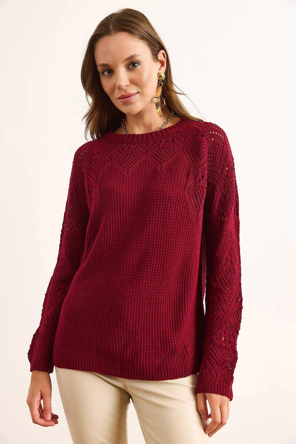 Ajur Detaylı Triko Bluz Bordo