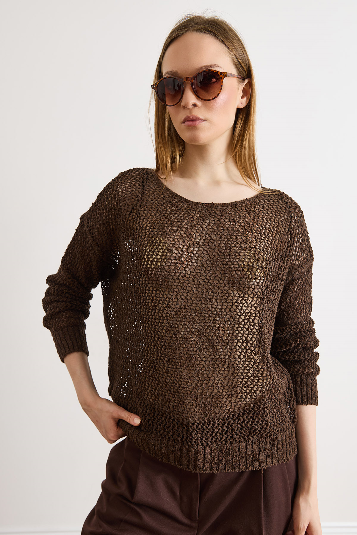 Ajurlu Pamuk İçerikli Boho Triko Bluz Kahverengi