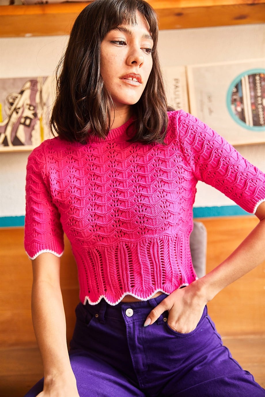 Ajurlu Renk Detaylı Triko Crop Bluz Fuşya