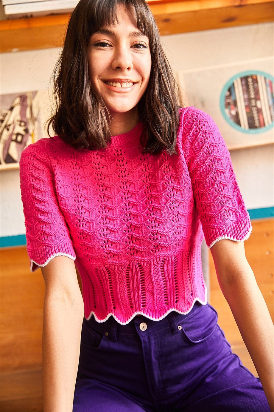 Ajurlu Renk Detaylı Triko Crop Bluz Fuşya