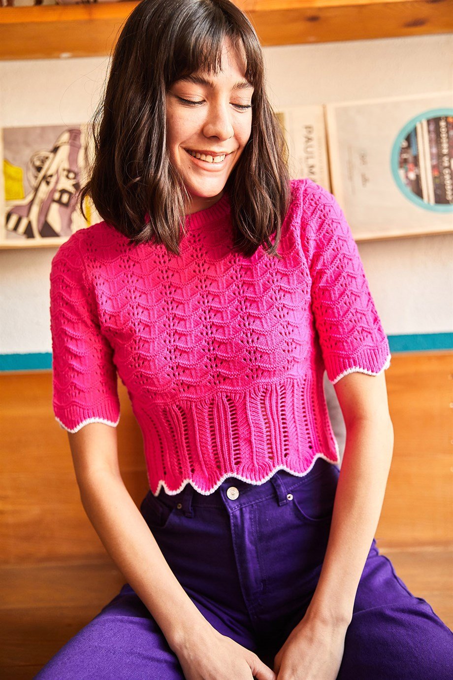 Ajurlu Renk Detaylı Triko Crop Bluz Fuşya